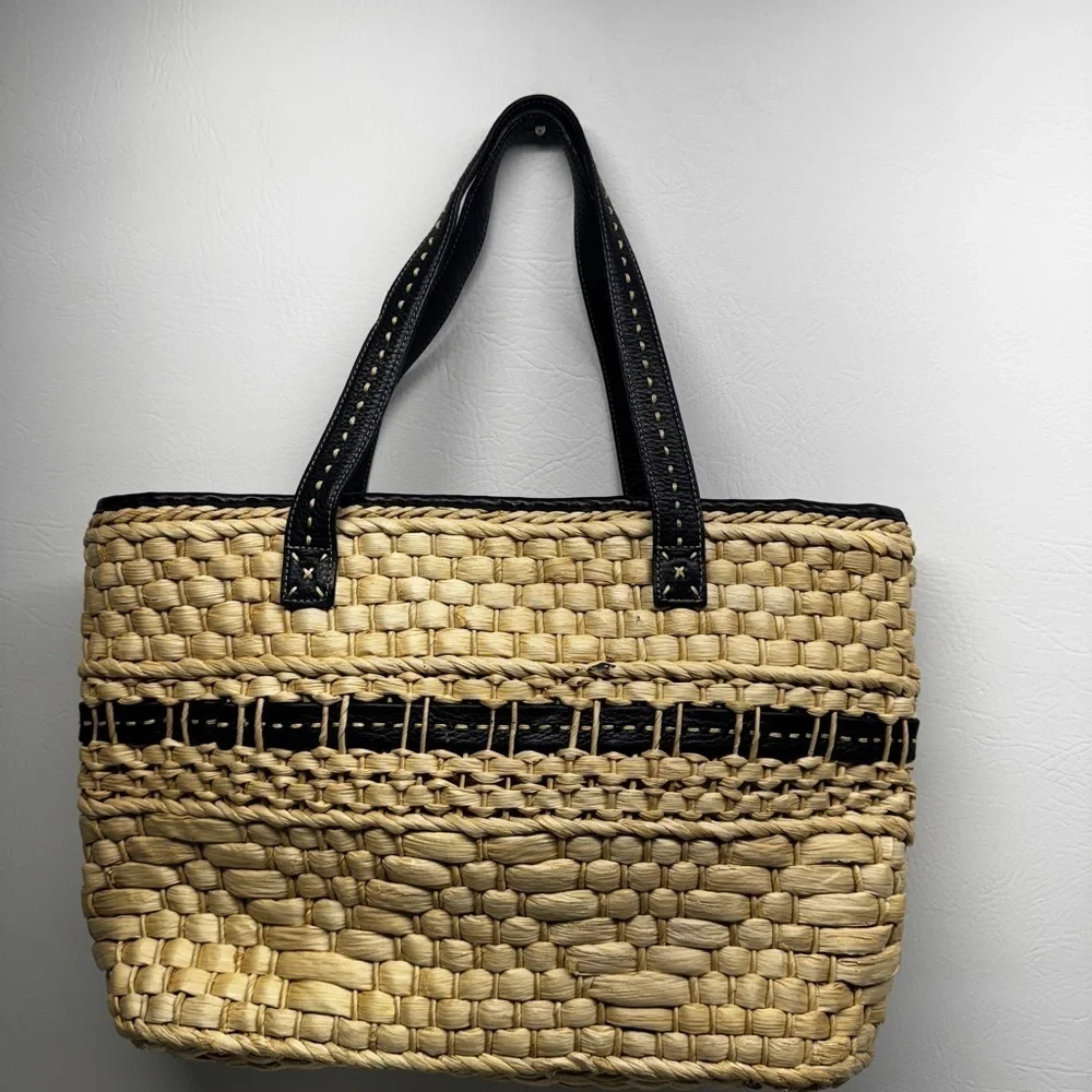 Brighton women’s straw handbag with charms, leather trim